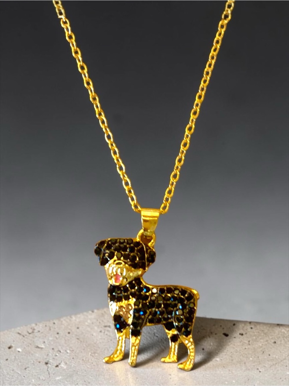 Gold Rottweiler Dog Pendant Necklace with Black Crystal Accents handmade